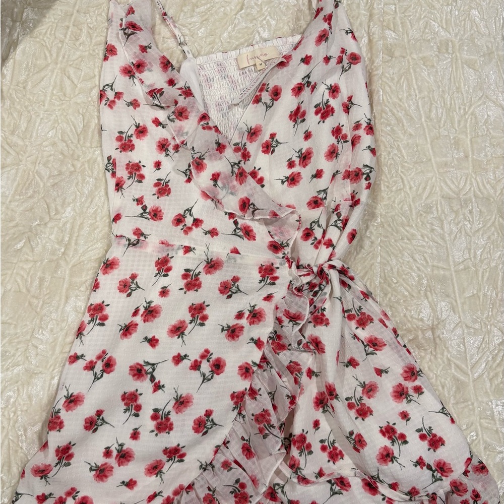 Sleeveless Floral Wrap Mini Dress - White with Pink Rose Print